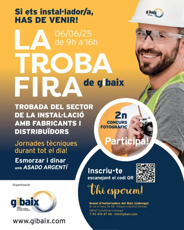 Escura participarà a La Trobafira del Gibaix.

🛠️ SI ETS INSTAL·LADOR/A, HAS DE VENIR!
📅 Dijous 6 de juny · 9:00 a 16:00 h · Gibaix (Gremi d'Instal·ladors del Baix Llobregat)

🔥 Torna La Trobafira de Gibaix, la gran trobada del sector de les instal·lacions.
Una jornada 100% GRATUÏTA pensada per a tu, professional:

✅ Esmorzar i dinar amb autèntic asado argentí 🥩
✅ Jornades tècniques amb demostracions en directe
✅ Zona expositiva amb les millors marques del sector
✅ Networking amb instal·ladors, distribuïdors i fabricants

📲 Inscriu-te ara escanejant el codi QR o ves a l’enllaç de la bio!

🚫 No deixis que t’ho expliquin. Vine, viu-ho i fes créixer la teva xarxa!

#LaTrobafira2025 #instalador #NetworkingPro #JornadesTecniques #AsadoArgenti #gibaixinstaladors #Barcelona #BaixLlobregat #Professionals #electricitat #Fontaneria #Clima #gas #energiasrenovables #calefaccion #refrigeracion #fotovoltaica #energia