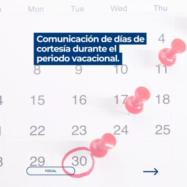 Comunicación de días de cortesía durante el periodo vacacional.

Los obligados tributarios que estén incluidos en el sistema de DEH (Dirección Electrónica Habilitada) podrán señalar exclusivamente por internet determinados días, (días de cortesía), en los que la Administración Tributaria no podrá poner a disposición de los sujetos pasivos notificaciones en dicha dirección.

Más información en: https://www.escura.com/es/dias-de-cortesia-durante-el-periodo-vacacional/